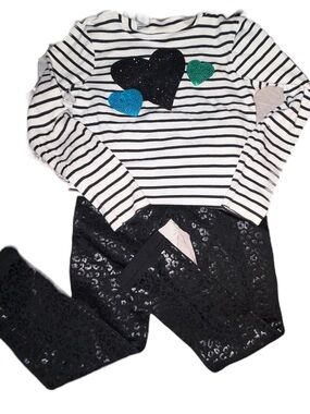 Gymboree Black White Striped Top with sparkly hearts and snake skin pant set
